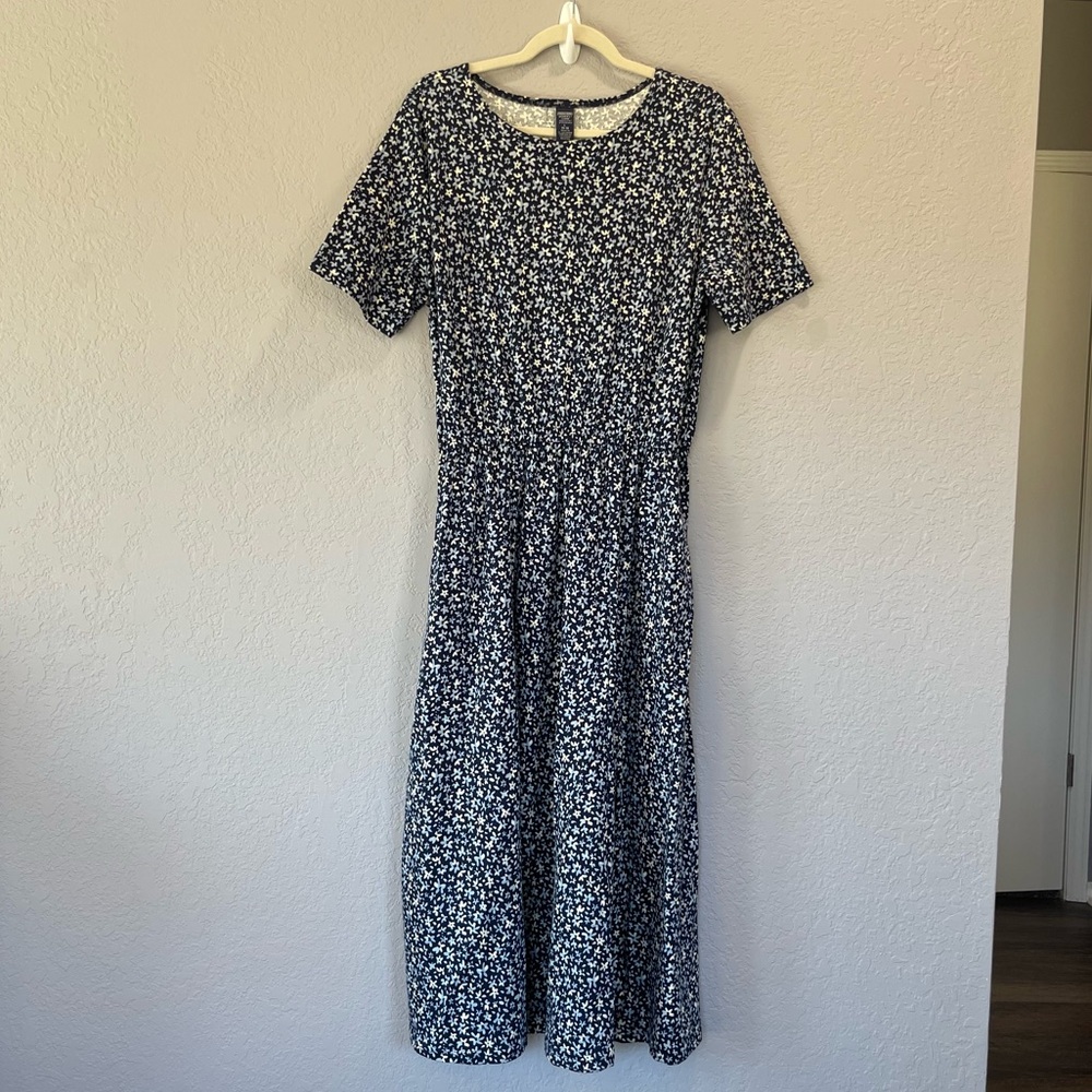 Land’s End Vintage Cotton Maxi Dress Pockets Navy Blue Floral Size L